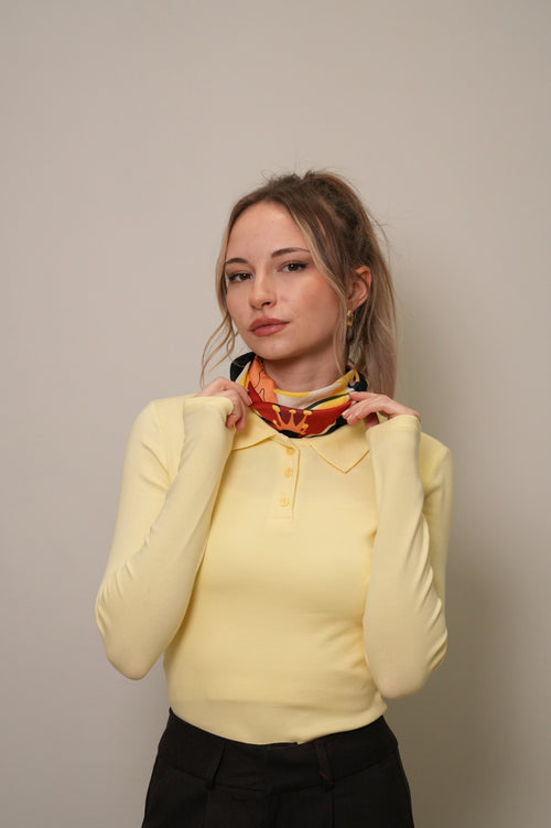 Kadın Sarı Polo Yaka Uzun Kollu Slim Fit Bluz