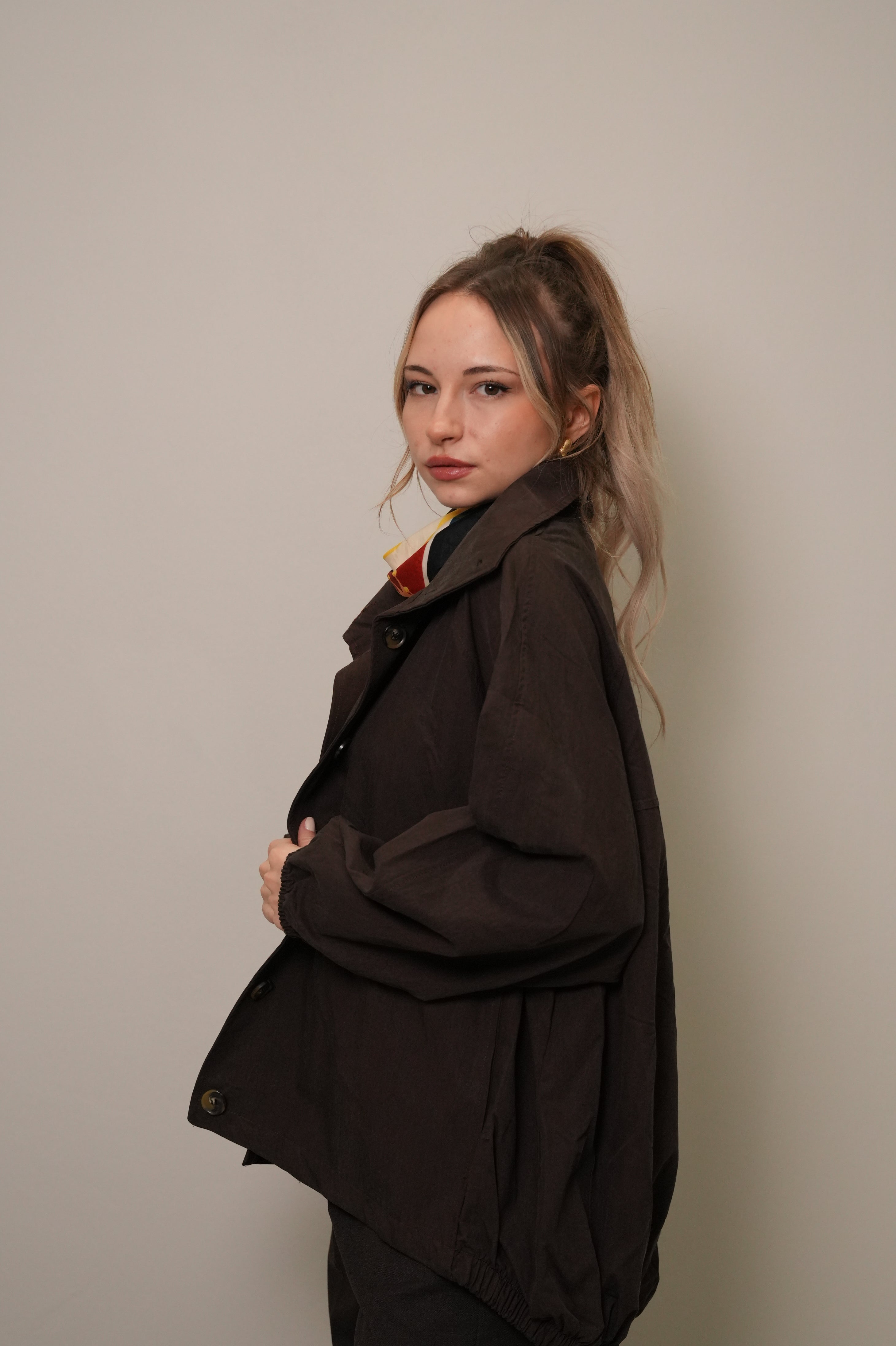 Oversize Düğmeli Bomber Ceket - Kahverengi