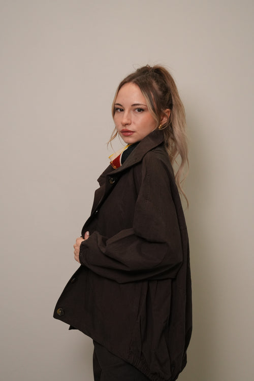 Oversize Düğmeli Bomber Ceket - Kahverengi
