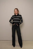 Çizgili Polo Yaka Triko Bluz – Siyah