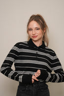 Çizgili Polo Yaka Triko Bluz – Siyah