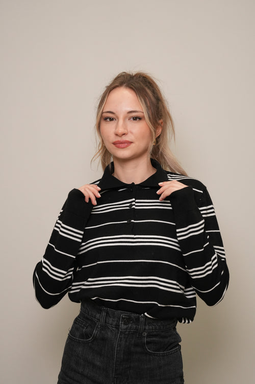 Çizgili Polo Yaka Triko Bluz – Siyah