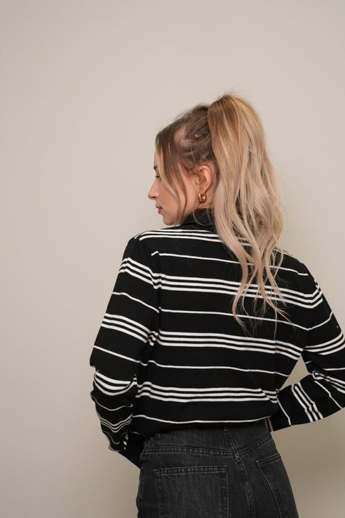 Çizgili Polo Yaka Triko Bluz – Siyah