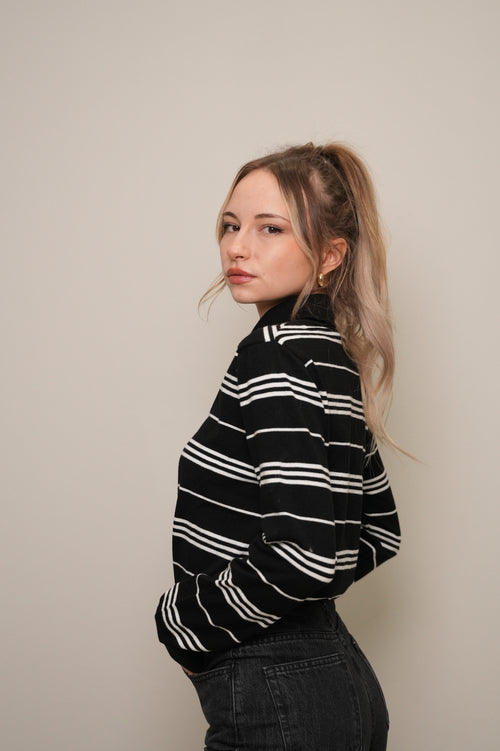 Çizgili Polo Yaka Triko Bluz – Siyah