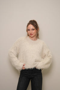 Kadın Peluş Dokulu Oversize Uzun Kazak – Ekru