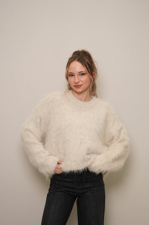 Kadın Peluş Dokulu Oversize Uzun Kazak – Ekru