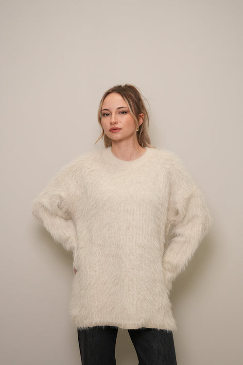 Kadın Peluş Dokulu Oversize Uzun Kazak – Ekru