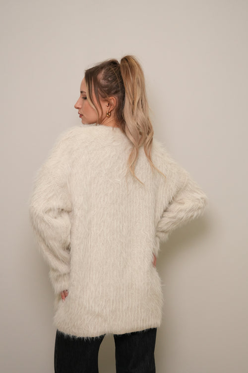 Kadın Peluş Dokulu Oversize Uzun Kazak – Ekru