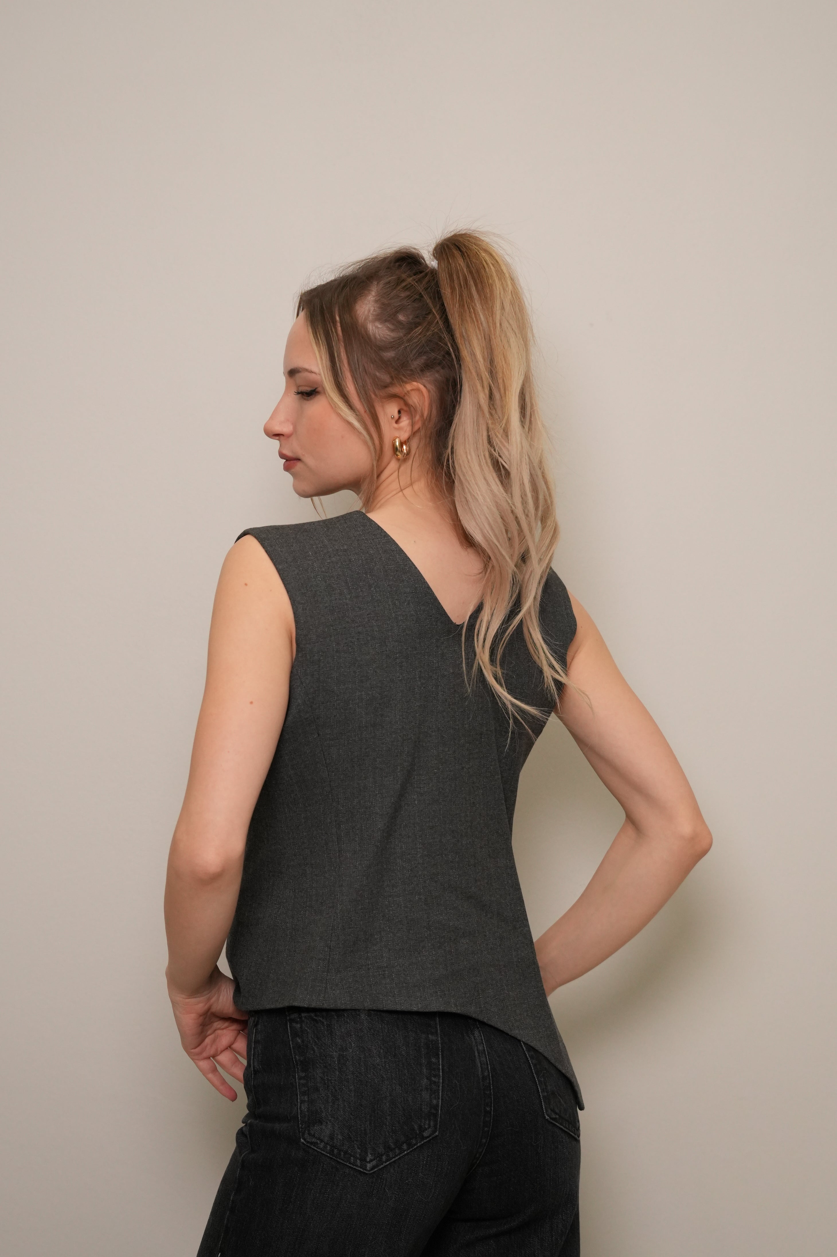 Antrasit Kruvaze V Yaka Kolsuz Yelek