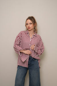 Bordo Çizgili Oversize Doğal Dokulu Gömlek