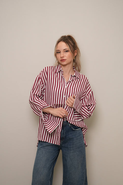 Bordo Çizgili Oversize Doğal Dokulu Gömlek