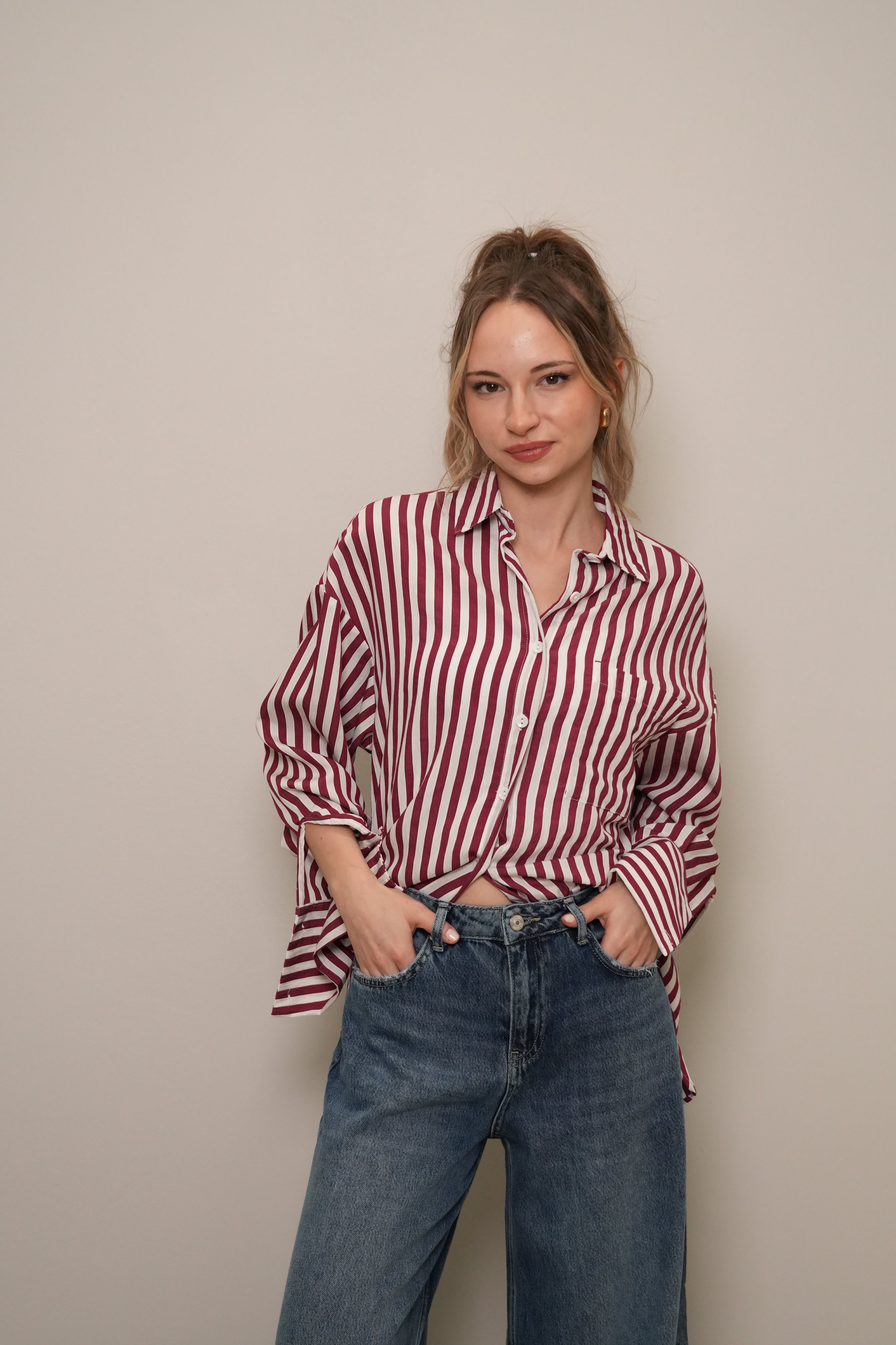 Bordo Çizgili Oversize Doğal Dokulu Gömlek