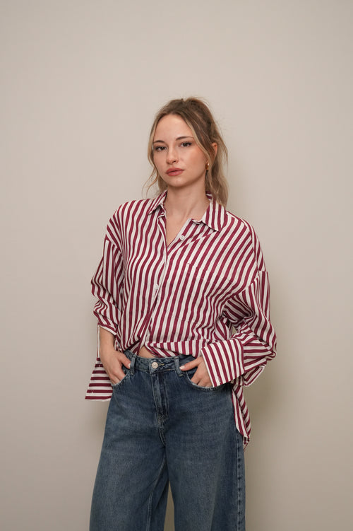Bordo Çizgili Oversize Doğal Dokulu Gömlek