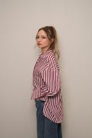 Bordo Çizgili Oversize Doğal Dokulu Gömlek