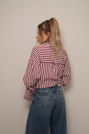Bordo Çizgili Oversize Doğal Dokulu Gömlek