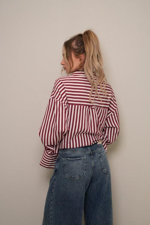 Bordo Çizgili Oversize Doğal Dokulu Gömlek