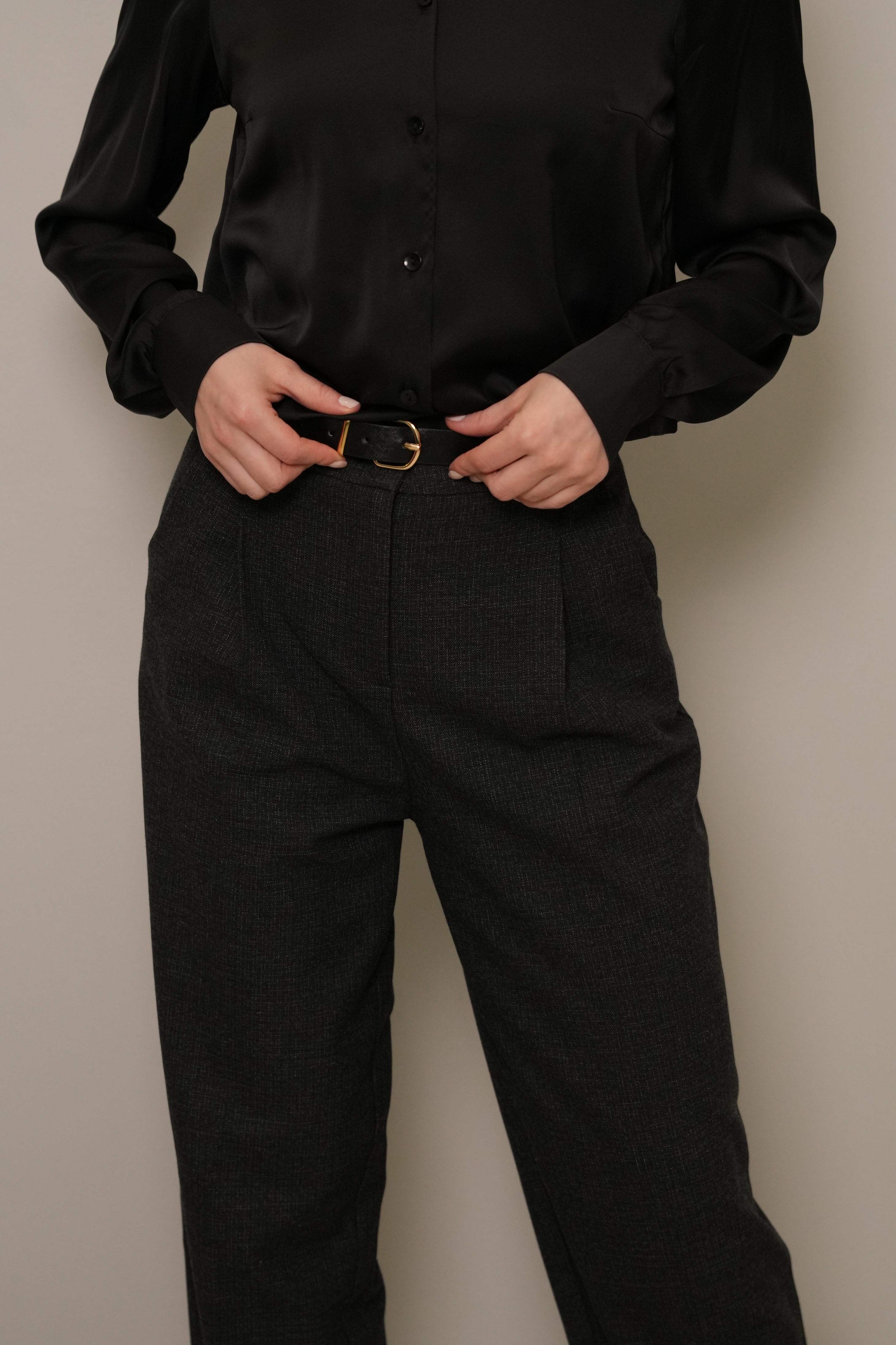 Antrasit Melanj Kemeri Tokalı Havuç Paça Pantolon