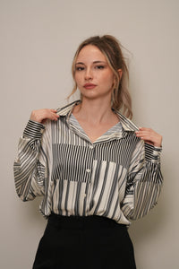 Siyah-Ekru Geometrik Çizgili Oversize Saten Gömlek