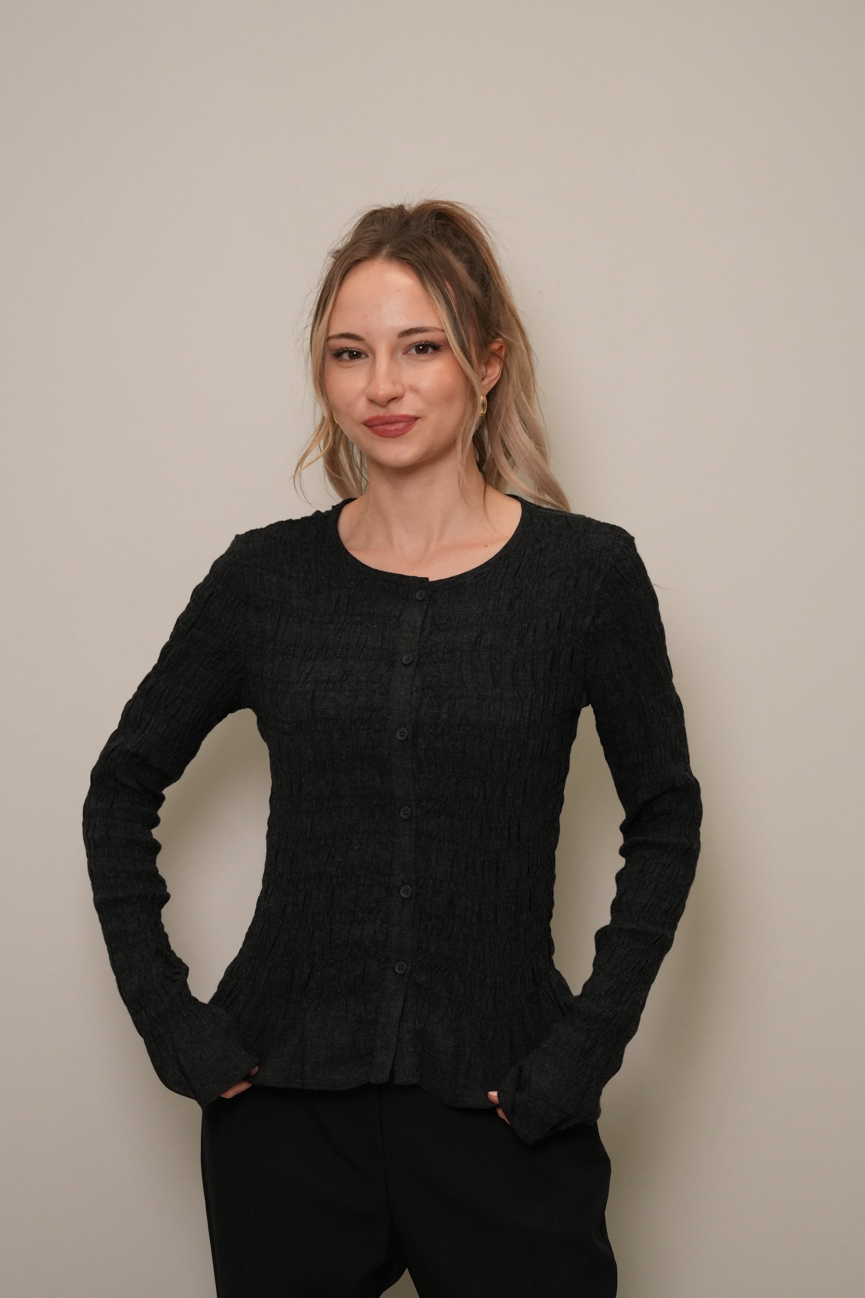 Antrasit Melanj Gofre Dokulu Uzun Kollu Gömlek