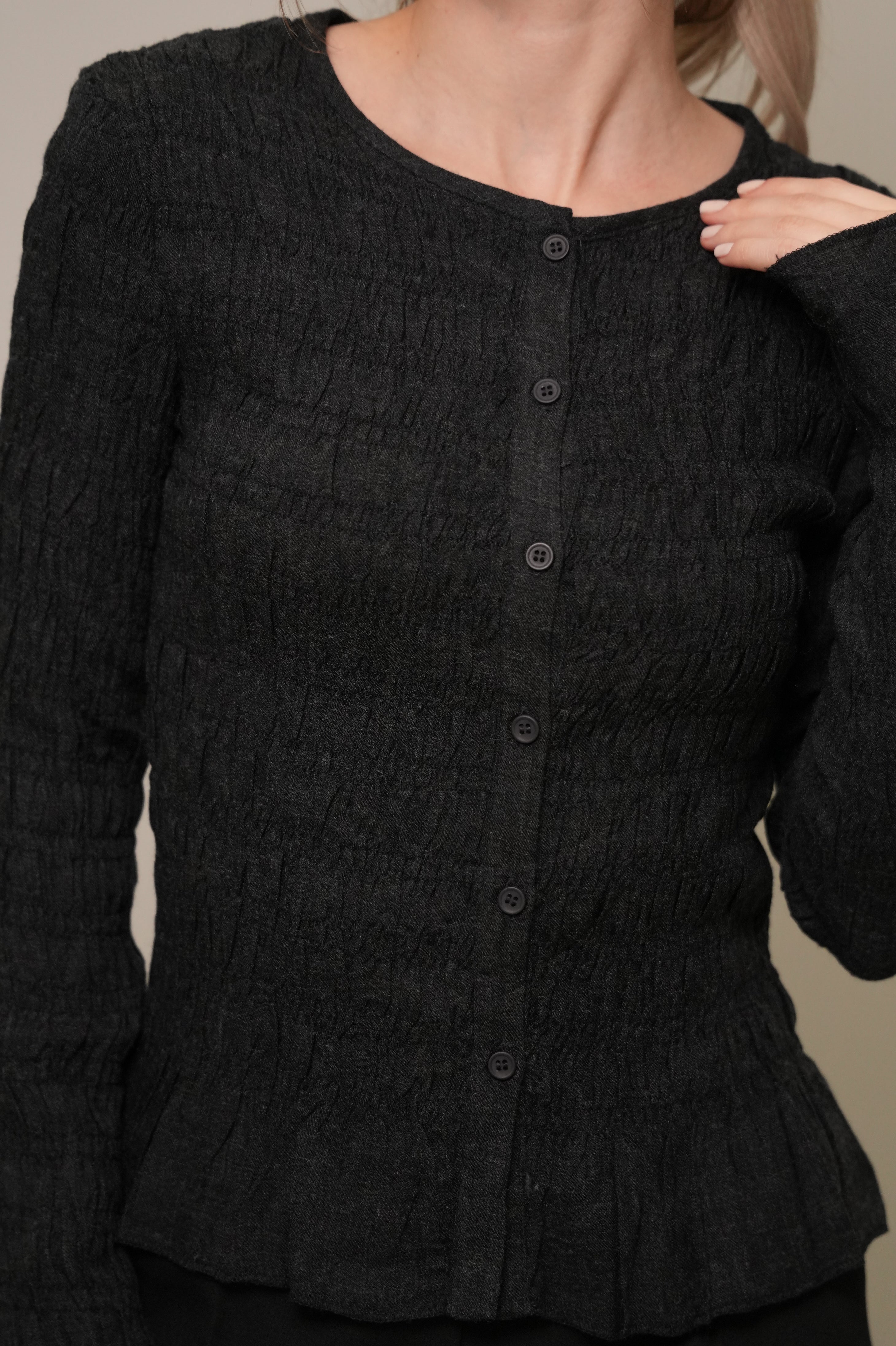 Antrasit Melanj Gofre Dokulu Uzun Kollu Gömlek