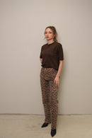 Kahve Leopar Desenli Yüksek Bel Jean Pantolon