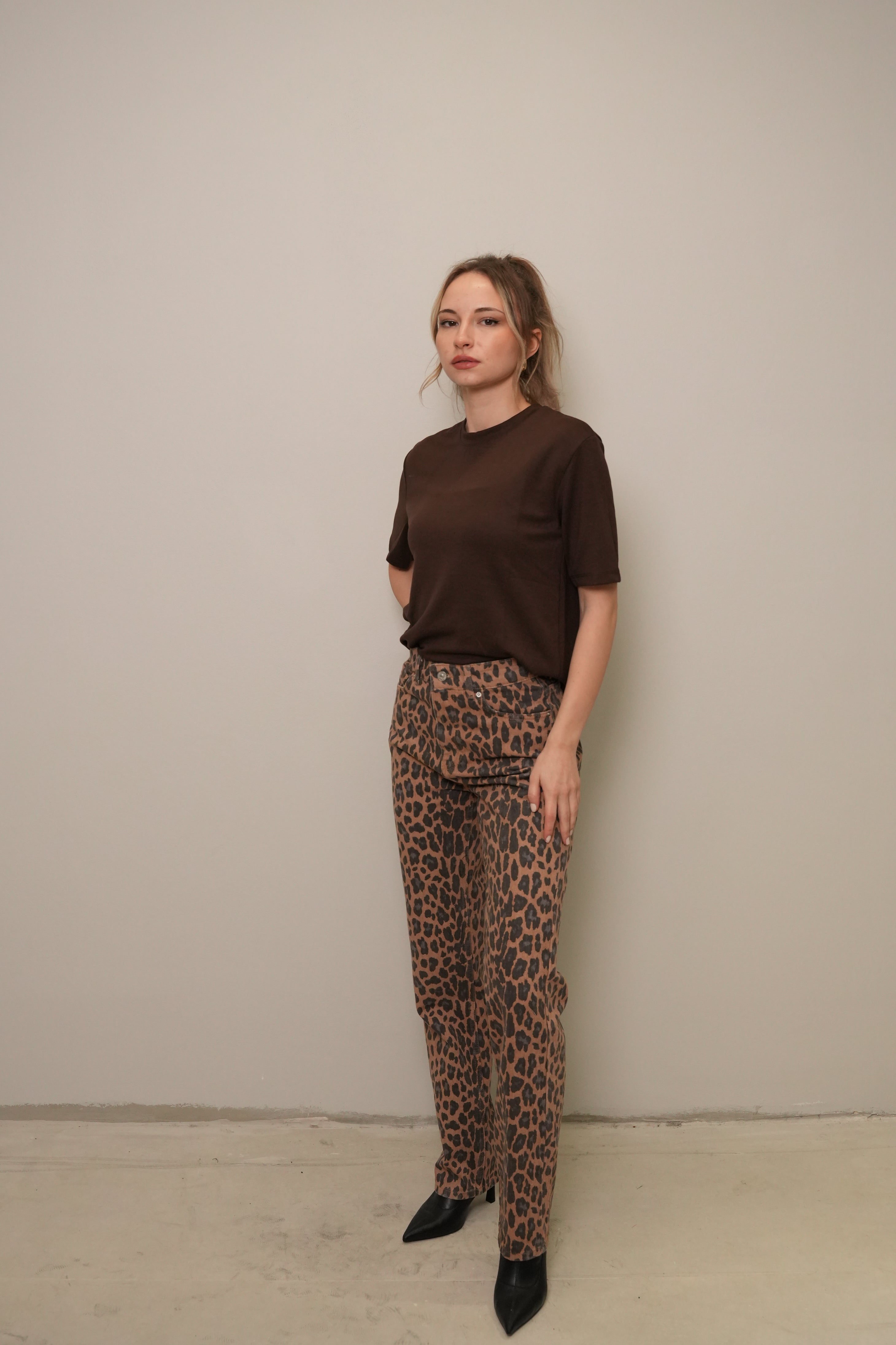 Kahve Leopar Desenli Yüksek Bel Jean Pantolon
