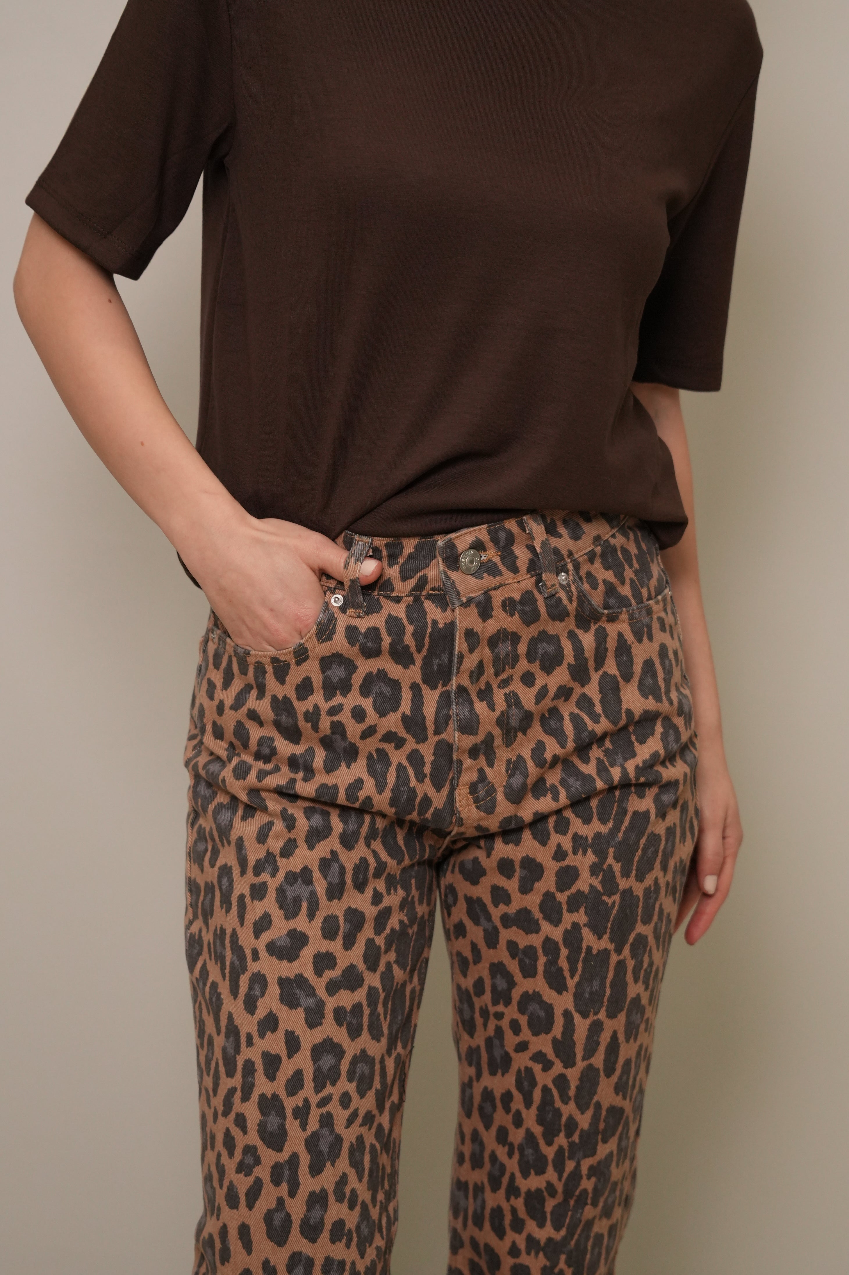 Kahve Leopar Desenli Yüksek Bel Jean Pantolon