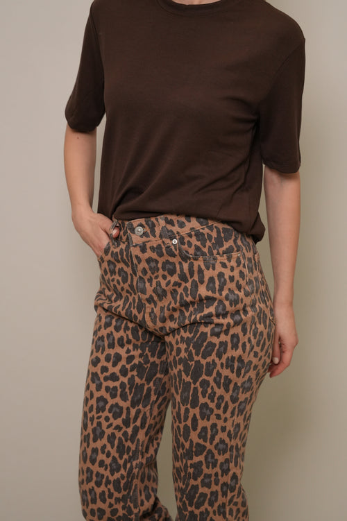 Kahve Leopar Desenli Yüksek Bel Jean Pantolon
