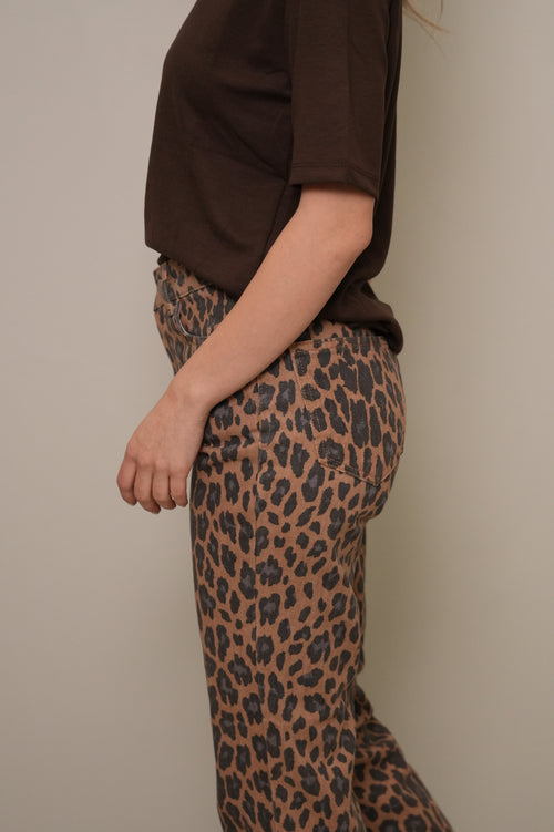 Kahve Leopar Desenli Yüksek Bel Jean Pantolon