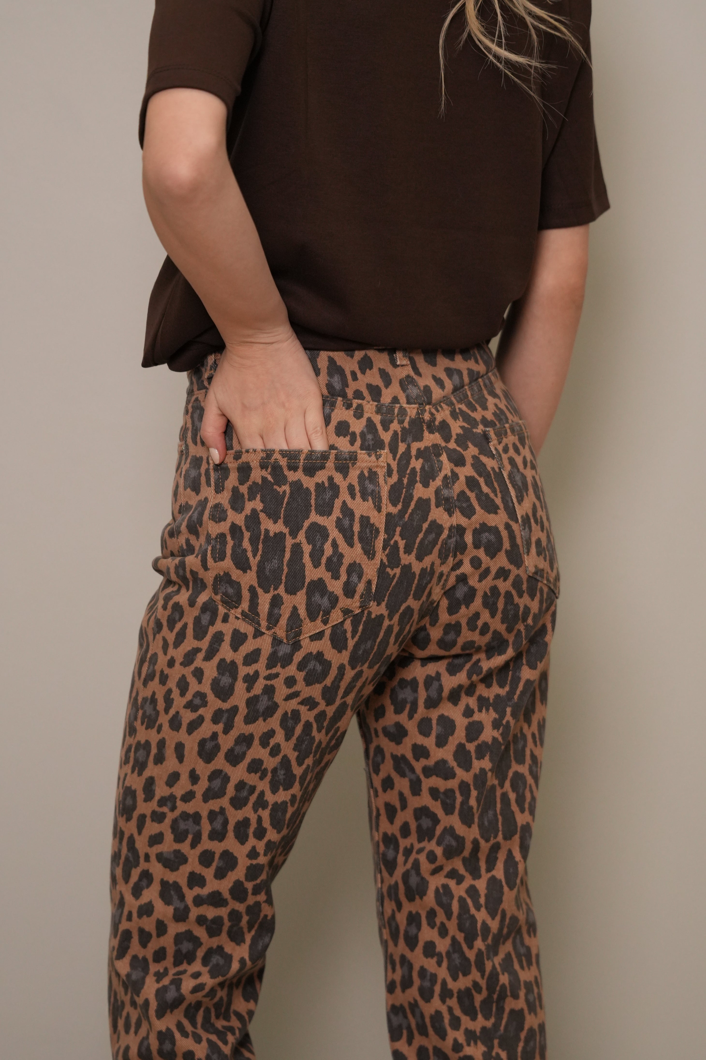 Kahve Leopar Desenli Yüksek Bel Jean Pantolon