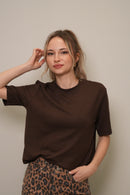 Kadın Basic Düz Kesim Kısa Kollu Tişört – Kahverengi