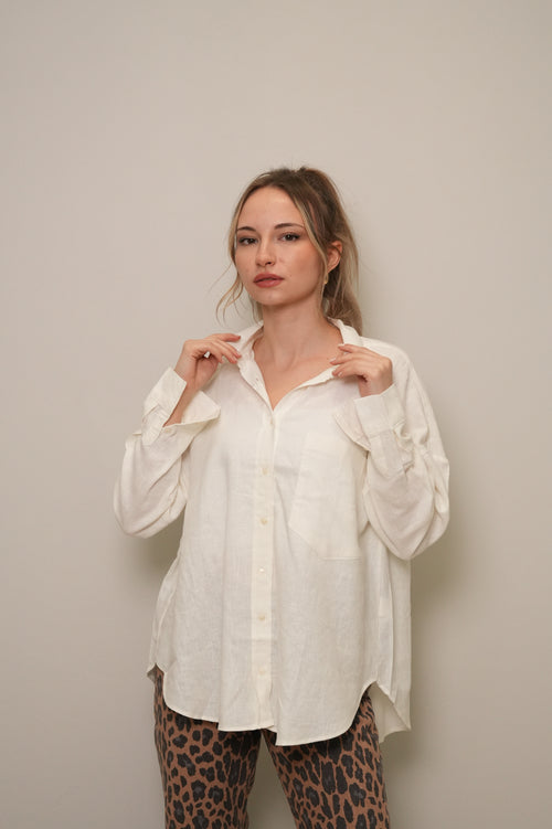 Ekru Oversize Tek Cepli Doğal Dokulu Gömlek