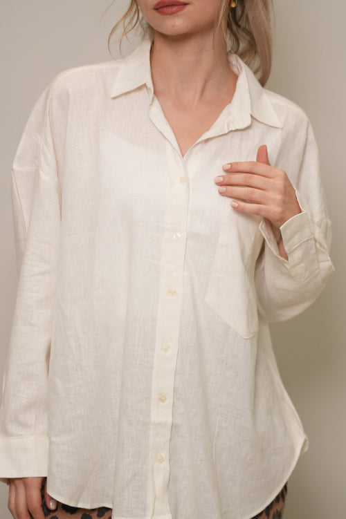 Ekru Oversize Tek Cepli Doğal Dokulu Gömlek