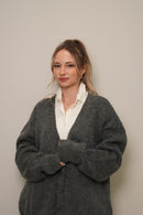 Füme Oversize V Yaka Tüylü Dokulu Örgü Hırka