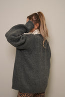 Füme Oversize V Yaka Tüylü Dokulu Örgü Hırka