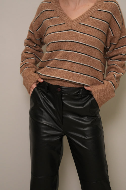 Siyah Yüksek Bel Düz Kesim Suni Deri Pantolon