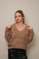 Çizgili V Yaka Triko Kazak – Bej