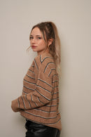 Çizgili V Yaka Triko Kazak – Bej